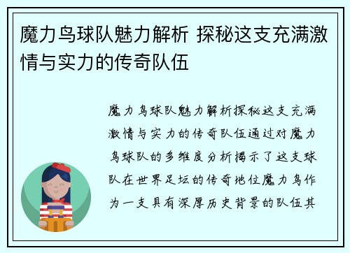 魔力鸟球队魅力解析 探秘这支充满激情与实力的传奇队伍