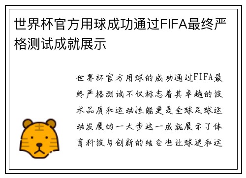 世界杯官方用球成功通过FIFA最终严格测试成就展示 世界杯官方用球成功通过FIFA最终严格测试成就展示