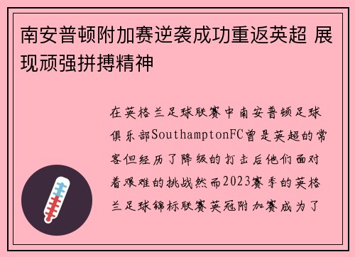 南安普顿附加赛逆袭成功重返英超 展现顽强拼搏精神
