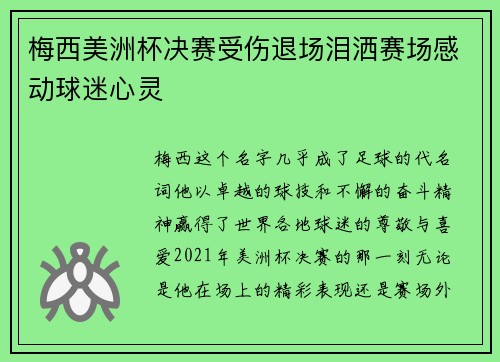 梅西美洲杯决赛受伤退场泪洒赛场感动球迷心灵 梅西美洲杯决赛受伤退场泪洒赛场感动球迷心灵